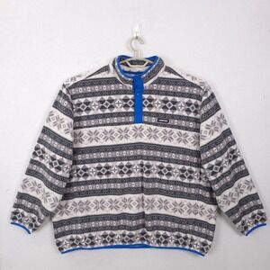 Lands End Fleece Pullover Mens 3XL Grey Fair Isle Snap Neck Mock Neck Sweater